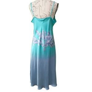 Texere Silk LARGE Turquoise Ombre Floral Silk Nightgown Midi Slip Dress Strappy